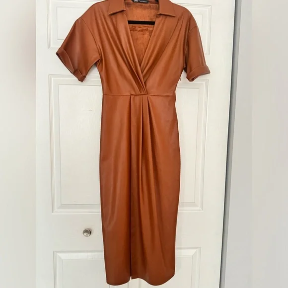 Zara | Dresses | Zara Faux Leather Orange Dress With High Slit In The Front  | Poshmark